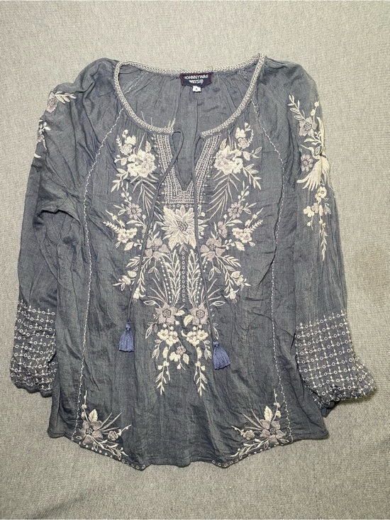 Johnny Was Tops - Johnny Was Workshop Oleander Marrakesh Blouse Chambray White Blue Size S
